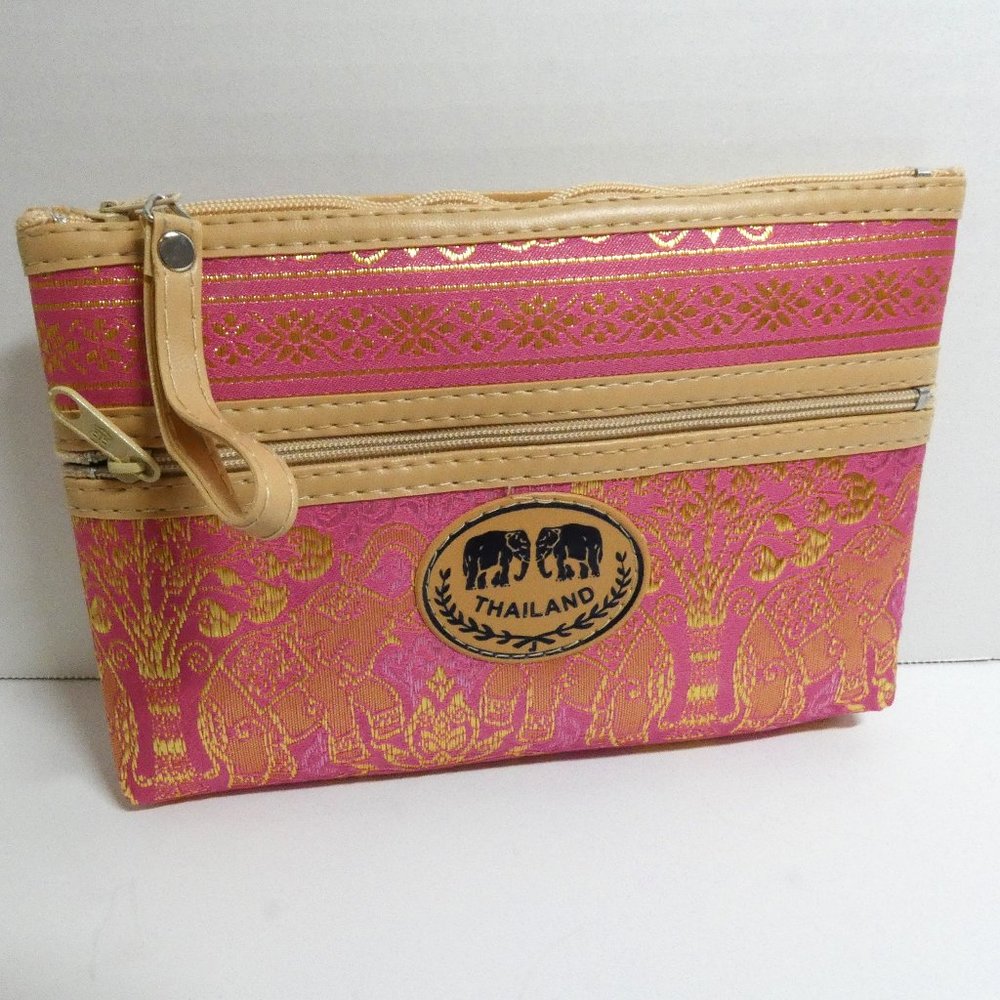 Pink and Gold Cosmetic Purse Makeup Bag Wallet Thailand Embossed Elephants NEW